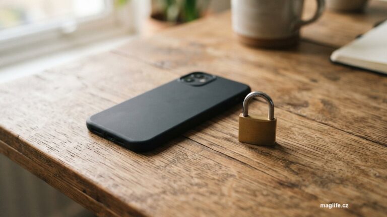 Telefon položený displejem dolů vedle malého zámku na dřevěném stole