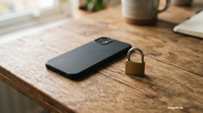 Telefon položený displejem dolů vedle malého zámku na dřevěném stole