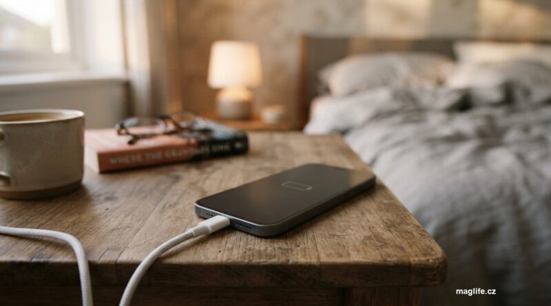 Nabíjecí kabel připojený k telefonu na nočním stolku