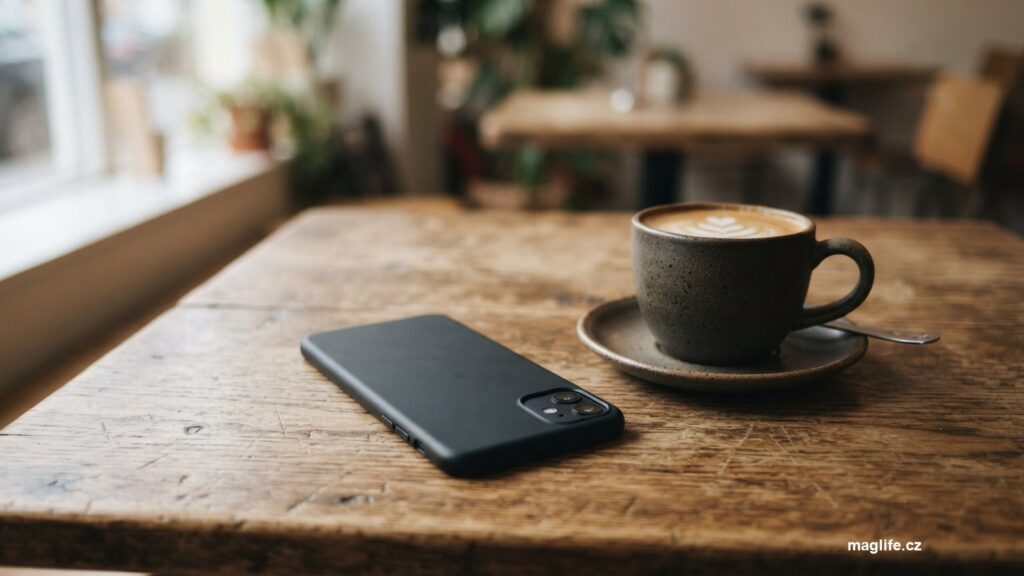 Telefon položený displejem dolů vedle šálku kávy na dřevěném stole