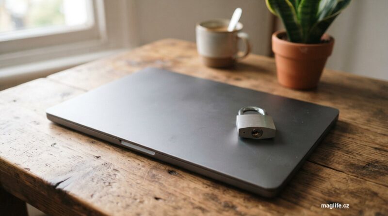 Zavřený notebook s malým zámkem na víku na dřevěném stole