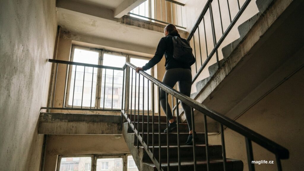 Člověk ve sportovním oblečení stoupá po betonovém schodišti činžovního domu