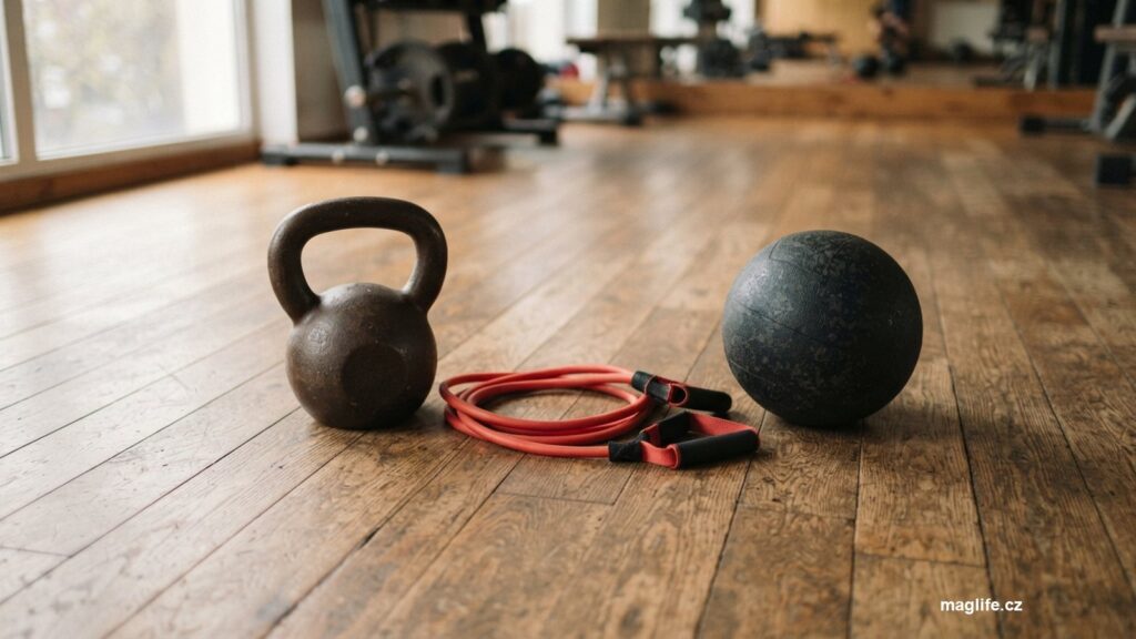 Kettlebell, expandér a medicinbal na dřevěné podlaze