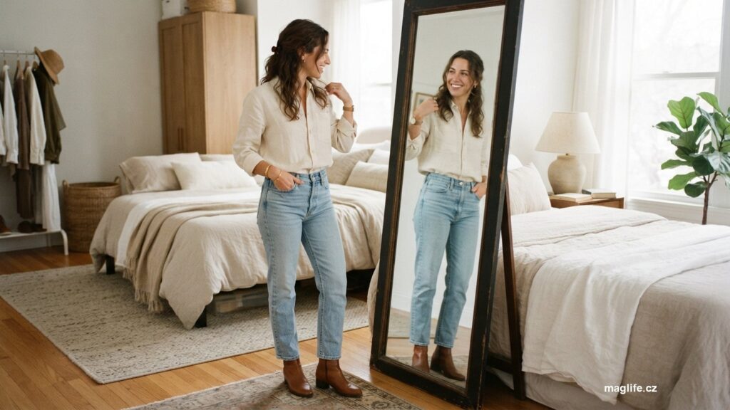Žena si prohlíží outfit v zrcadle