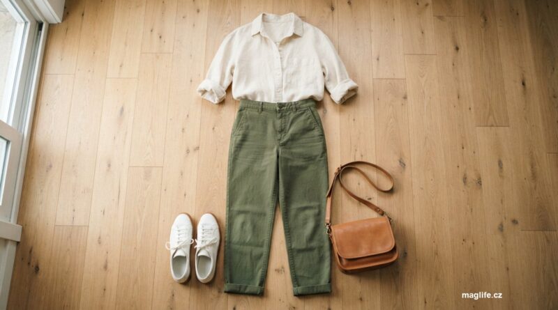 Sladěný outfit naaranžovaný na dřevěné podlaze