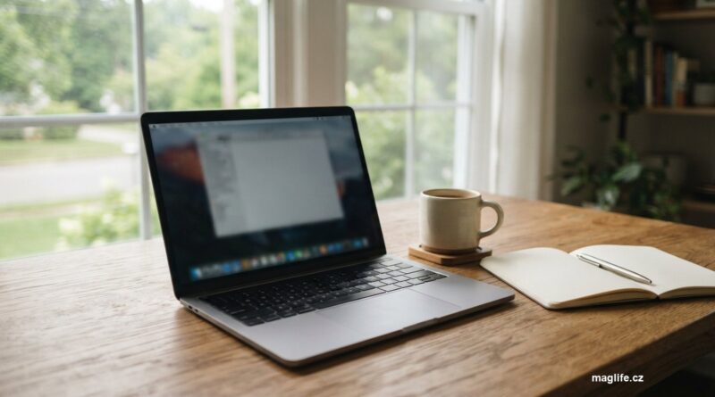 Otevřený notebook na dřevěném stole vedle šálku a zápisníku