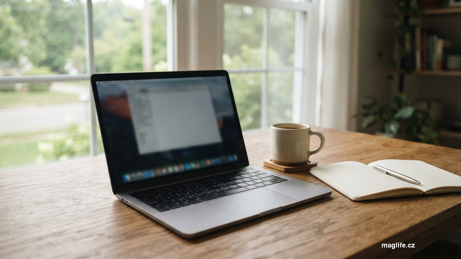 Otevřený notebook na dřevěném stole vedle šálku a zápisníku