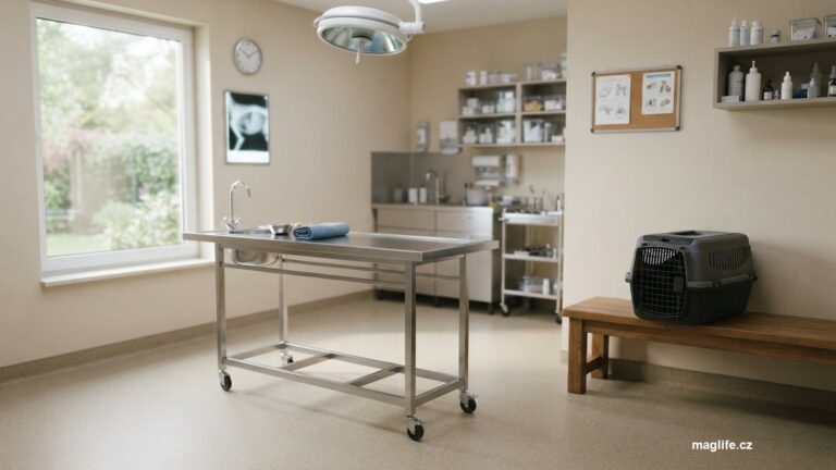 Světlá veterinární ordinace s vyšetřovacím stolem a přepravkou