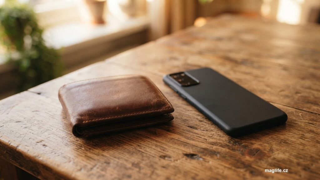 Zavřená kožená peněženka na stole vedle telefonu