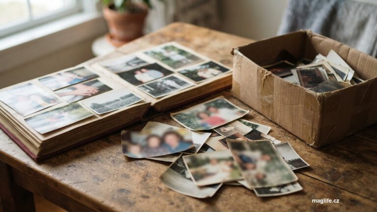 Vytištěné fotografie a otevřené album na dřevěném stole