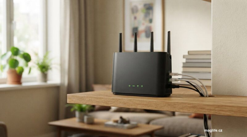Router na polici v obývacím pokoji s kabely