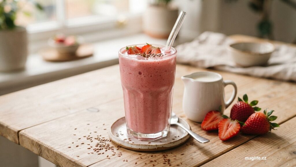 Sklenice jahodového smoothie s ovocem