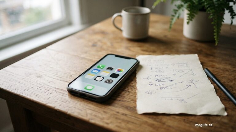 Telefon s velkými ikonami na stole vedle ručně psané poznámky