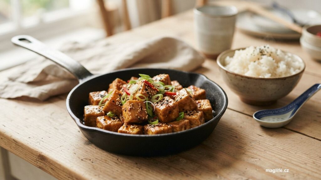 Křupavé kostky tofu se sezamem na pánvi