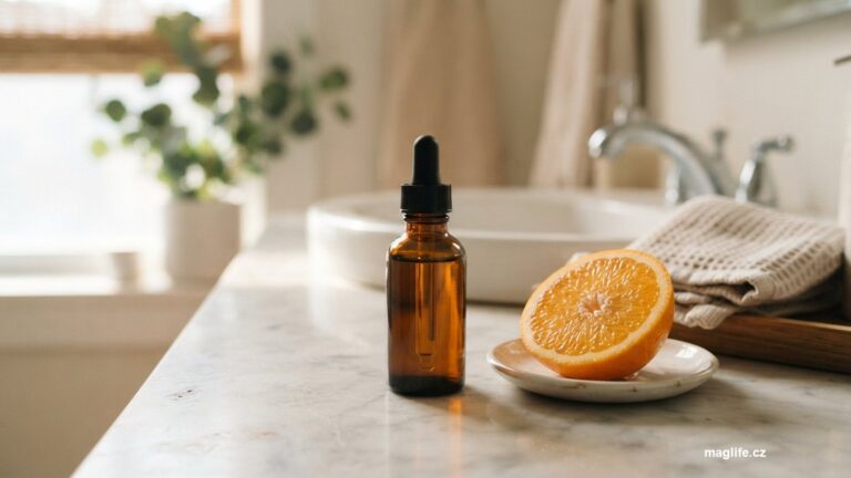 Sklenená lahvička se sérem s vitaminem C na světlém povrchu