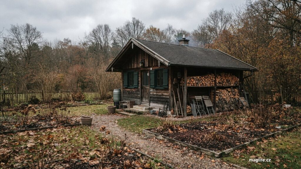 Dřevěná chata se zavřenými okenicemi v podzimní zahradě, u zdi složený nábytek a dřevo